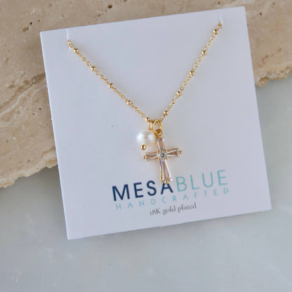 Pearl, CZ Cross Necklace 