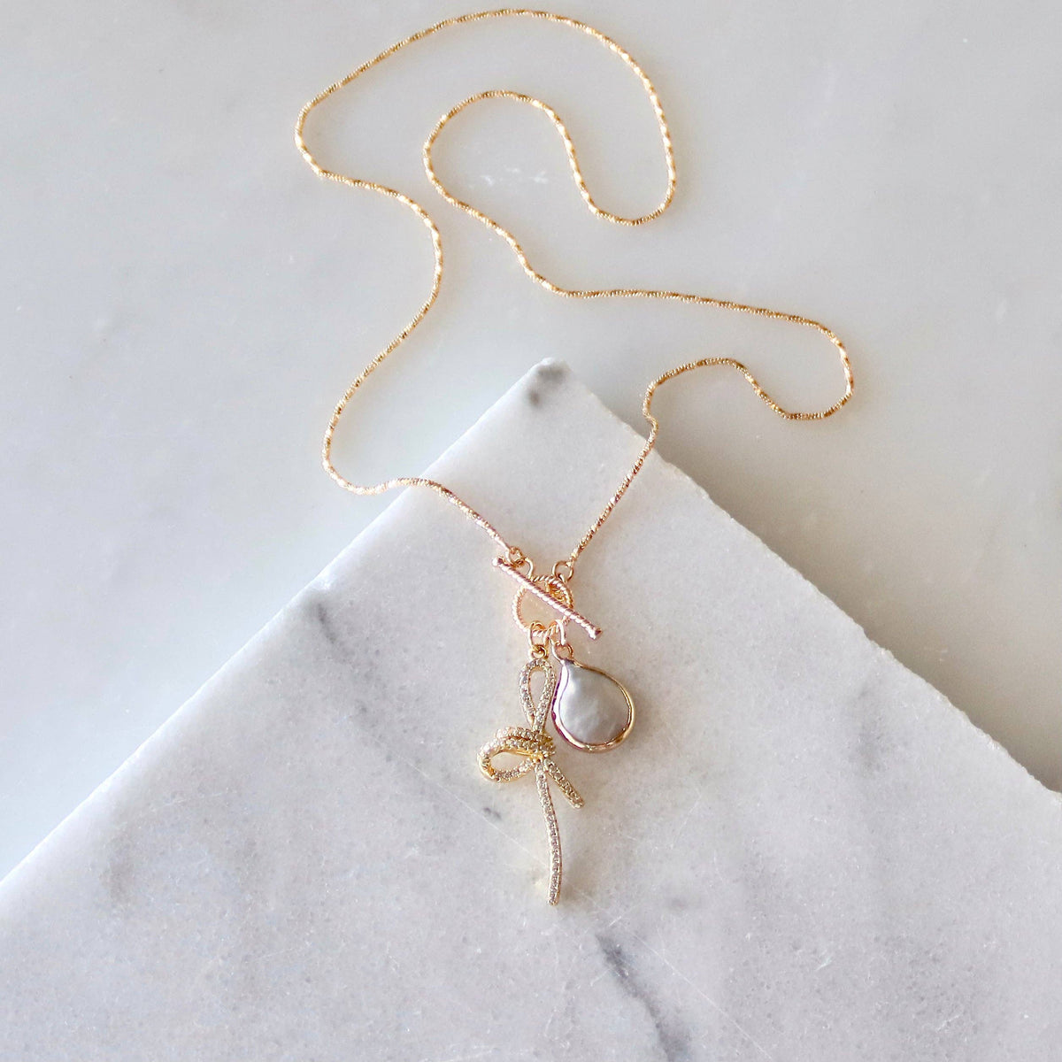 CZ Bow Pearl Coin Necklace