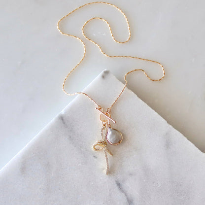 CZ Bow Pearl Coin Necklace