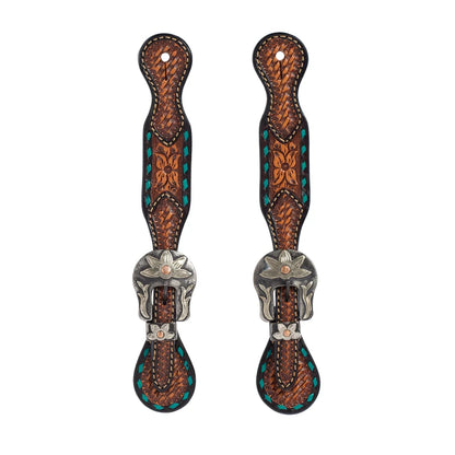 Turquoise Cross Ladies' Spur Straps, Floral Buckstitch