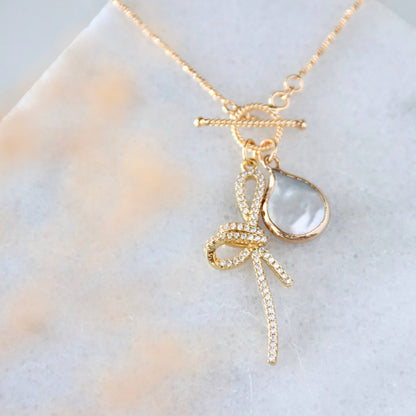CZ Bow Pearl Coin Necklace