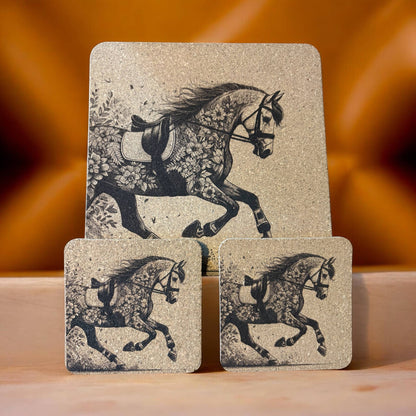 Floral Dressage Horse cork trivet and coasters, gift set