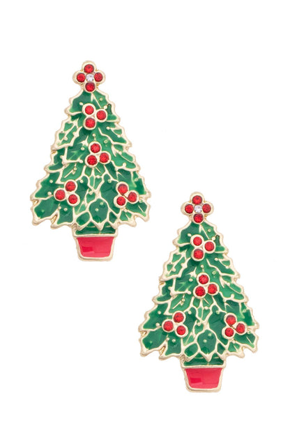 O Christmas Tree Enamel Stud Earrings in Green