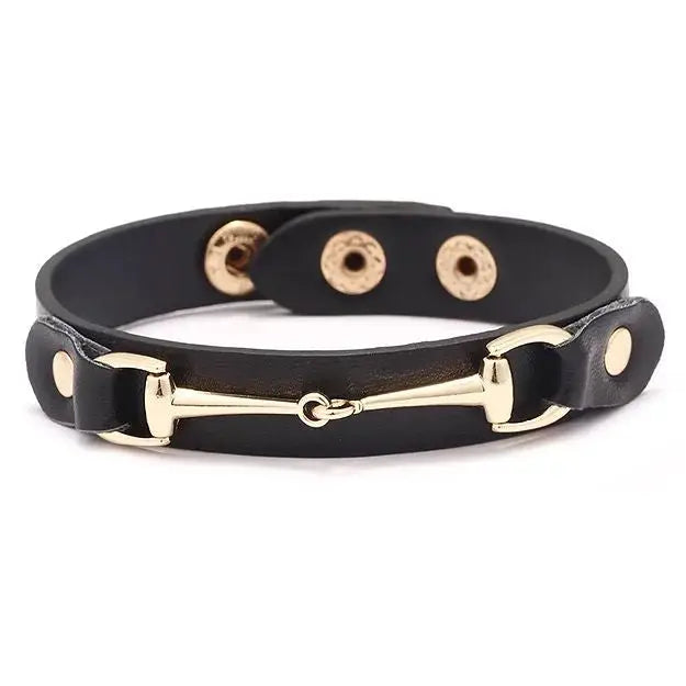 Vegan Leather Bracelet W/Gold Tone Snaffle Bit