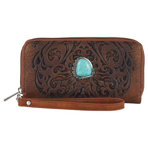 Catchfly wallet w/ wristlet embossed with faux turq stone