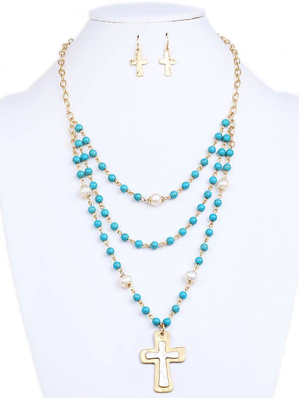 ( Z387 )  CROSS AND THREE LAYER TURQUOISE NECKLACE SET