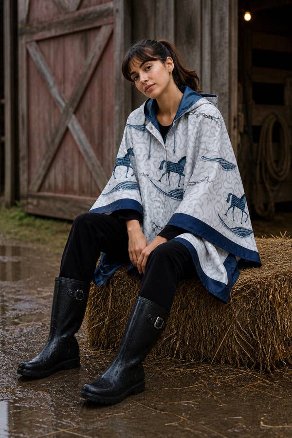 Navy Zaffre Horse and Chain Reversible Rain Cape