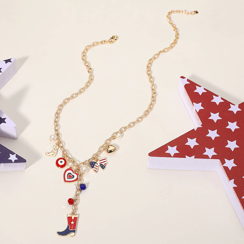 Enamel American USA Flag Cowboy Bow Heart Charm Necklace