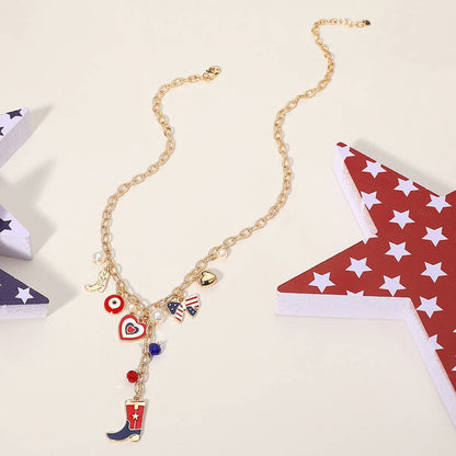 Enamel American USA Flag Cowboy Bow Heart Charm Necklace