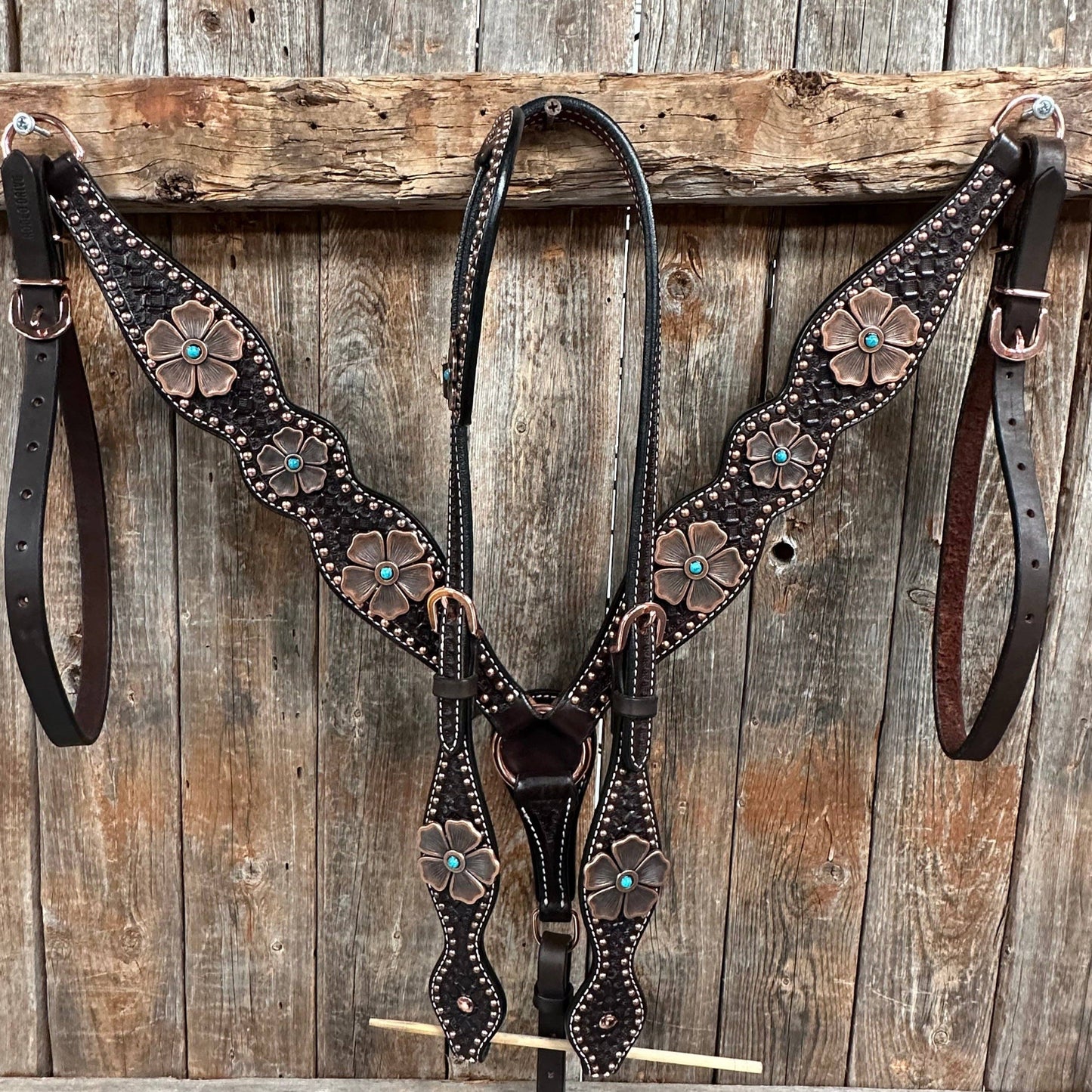 Copper Dot Honeycomb Flower and Turquoise Browband / One Ear Tack Set