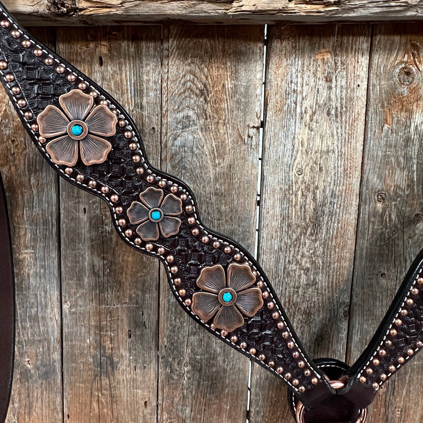 Copper Dot Honeycomb Flower and Turquoise Browband / One Ear Tack Set