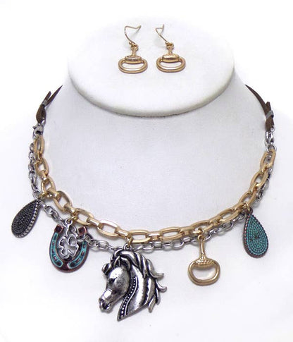 ( J061 )  TWO LAYER HORSE  NECKLACE SET