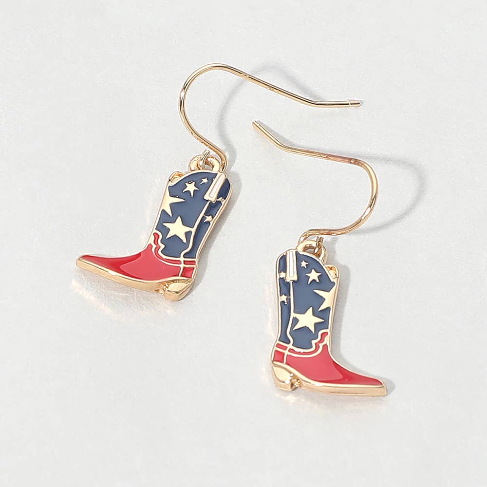 American USA Flag Cowboy Boot Charm Drop Dangle Earrings