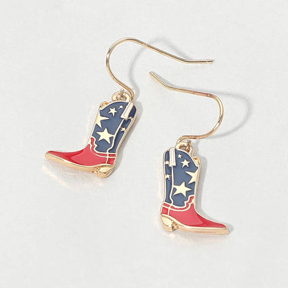 American USA Flag Cowboy Boot Charm Drop Dangle Earrings