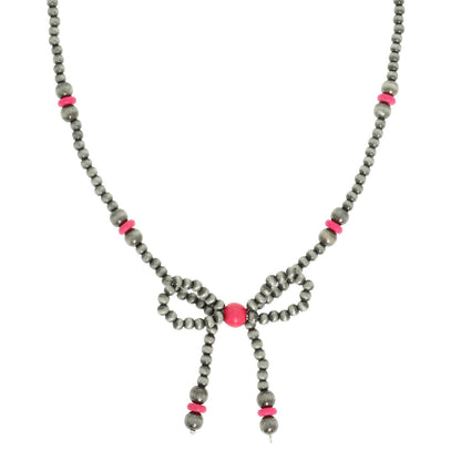 Western Marbled Pearl Bead Long Tail Bow Necklace