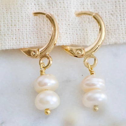 Double Pearl Drop Huggie Earrings