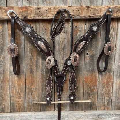 Dark Oil Floral Copper Headstall & Breastcollar Tack Set