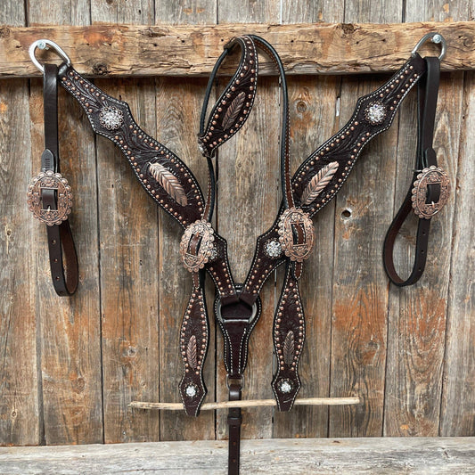 Dark Oil Floral Copper Dot Clear Browband / One Ear / Breastcollar Buckstitch Tack Set #BBBC486