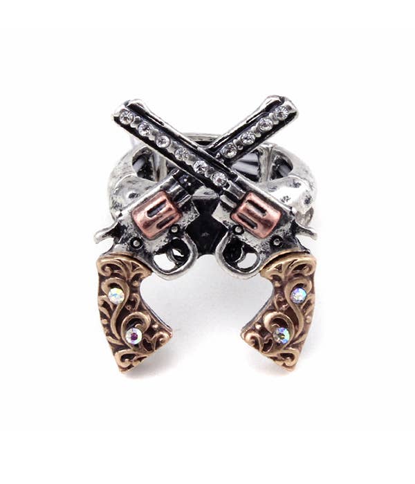 ( W966 )  VINTAGE METAL DOUBLE PISTOL STRETCH RING
