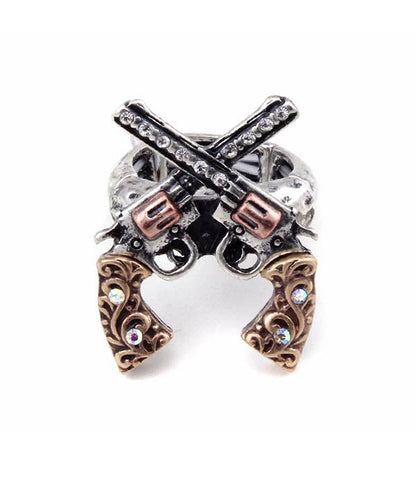 ( W966 )  VINTAGE METAL DOUBLE PISTOL STRETCH RING