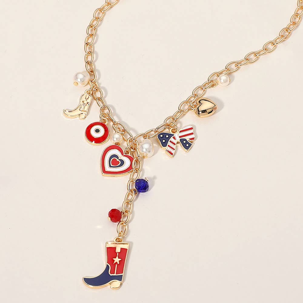 Enamel American USA Flag Cowboy Bow Heart Charm Necklace