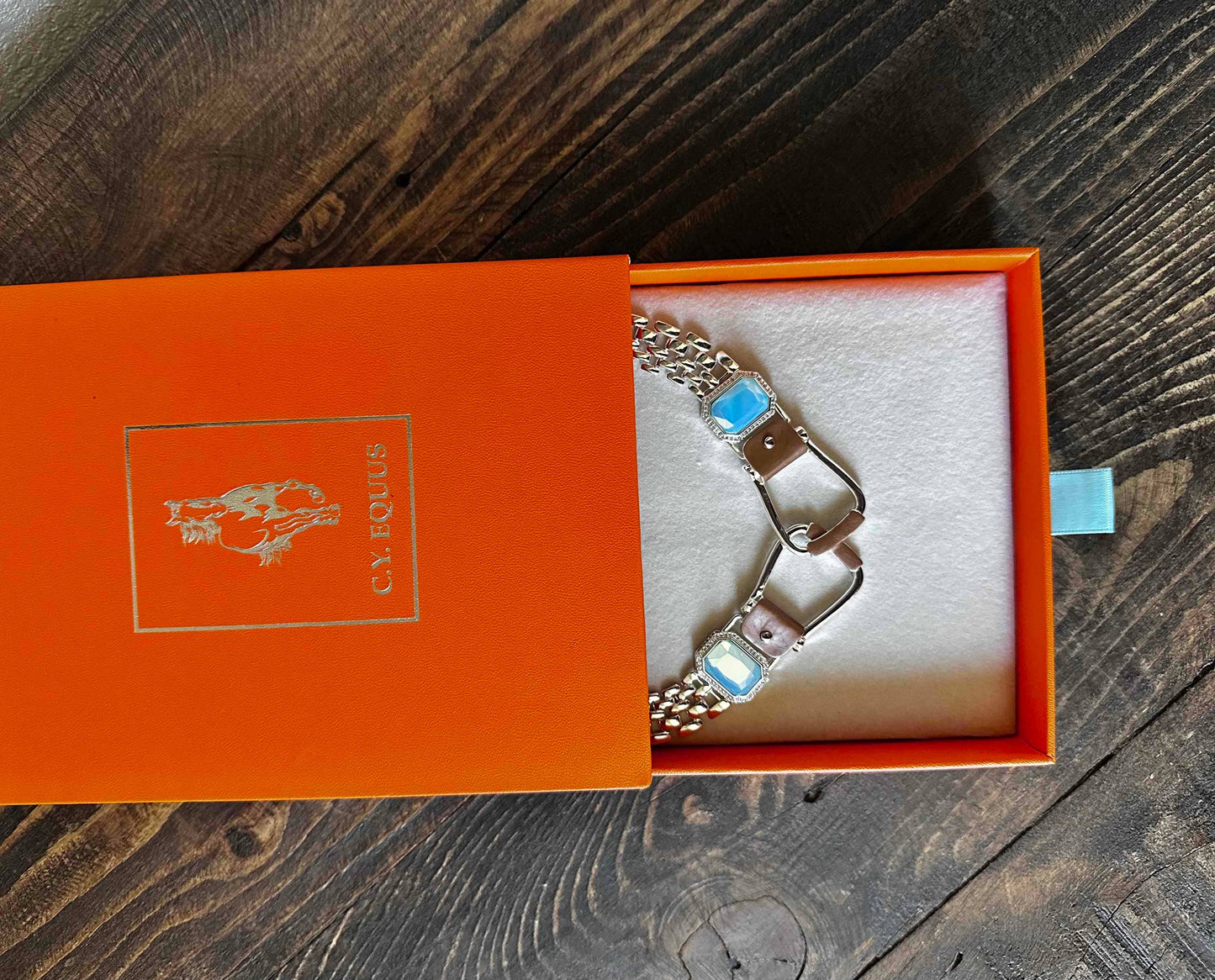 Bold Western Saddle Stirrup Necklace/Aqua stone w/toggle