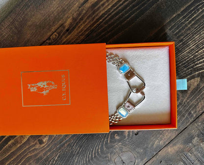 Bold Western Saddle Stirrup Necklace/Aqua stone w/toggle