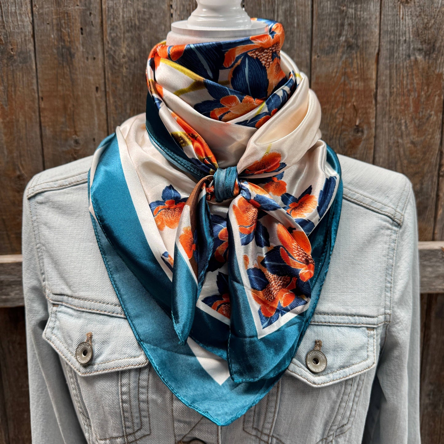 35X35" White and Teal Floral Wild Rag / Scarf WR3441