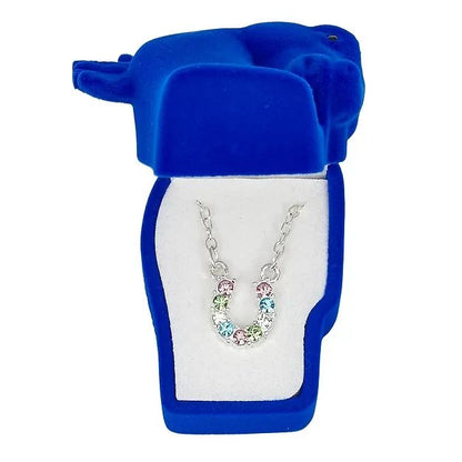 AWST Int'l Aqua Rhinestone Horseshoe Necklace w/ Horse Head Gift Box