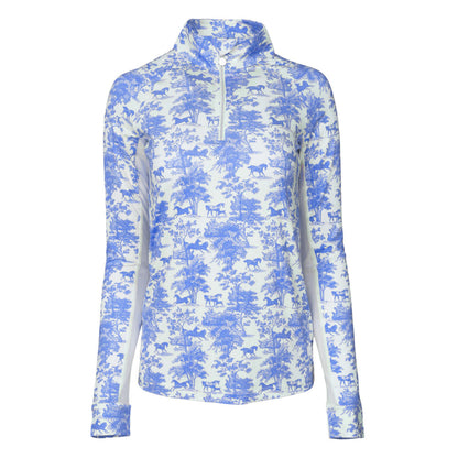 Dapplebay Equestrian Toile 1/4 Zip Light Riding Top - Long Sleeve-Blue/White