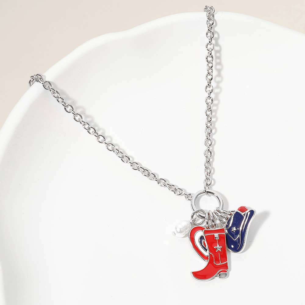 Enamel American USA Flag Cowboy Heart Pearl Charm Necklace