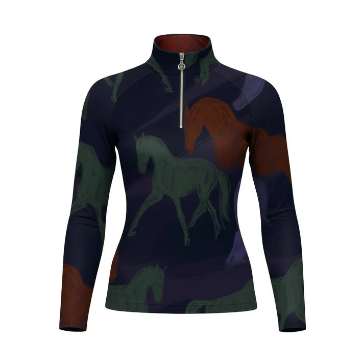 -Preorder- Dapplebay Abstract Horses 1/4 Zip LS Riding Top