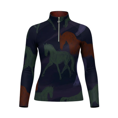 -Preorder- Dapplebay Abstract Horses 1/4 Zip LS Riding Top