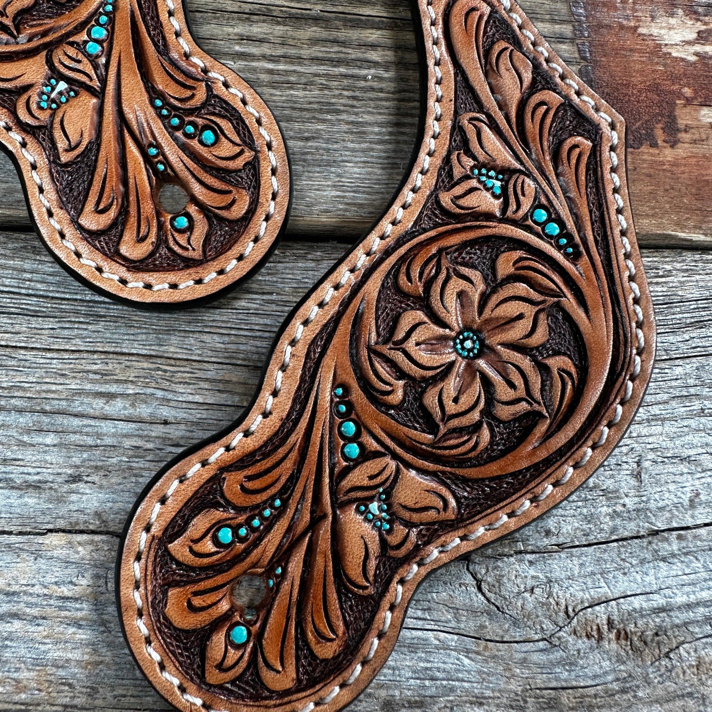Floral and Teal Dot Tooled Spur Straps