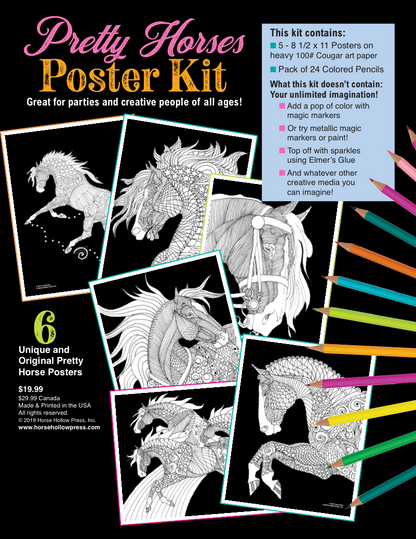 Pretty Horses Kit / 6 Drawings to Color / 24-Colored Pencils