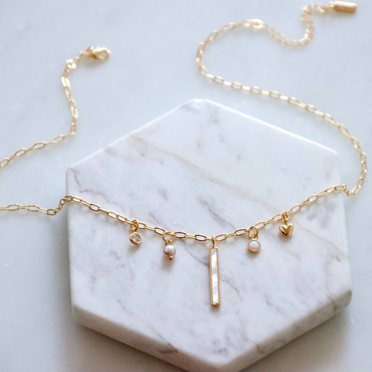 CZ, Mother of Pearl, Opal, Pearl Charm Necklace 