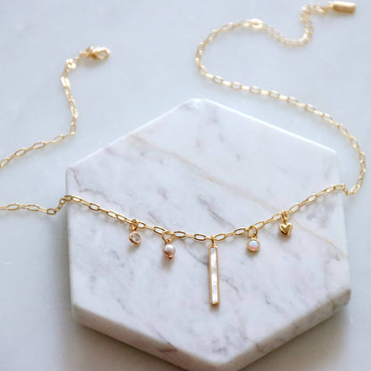 CZ, Mother of Pearl, Opal, Pearl Charm Necklace 