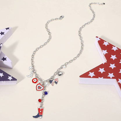 Enamel American USA Flag Cowboy Bow Heart Charm Necklace