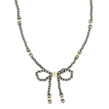 Western Marbled Pearl Bead Long Tail Bow Necklace