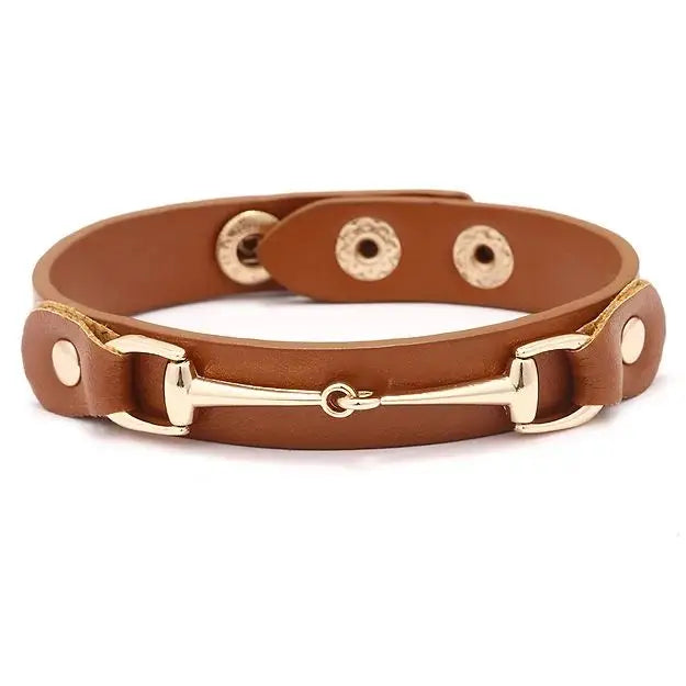 Vegan Leather Bracelet W/Gold Tone Snaffle Bit