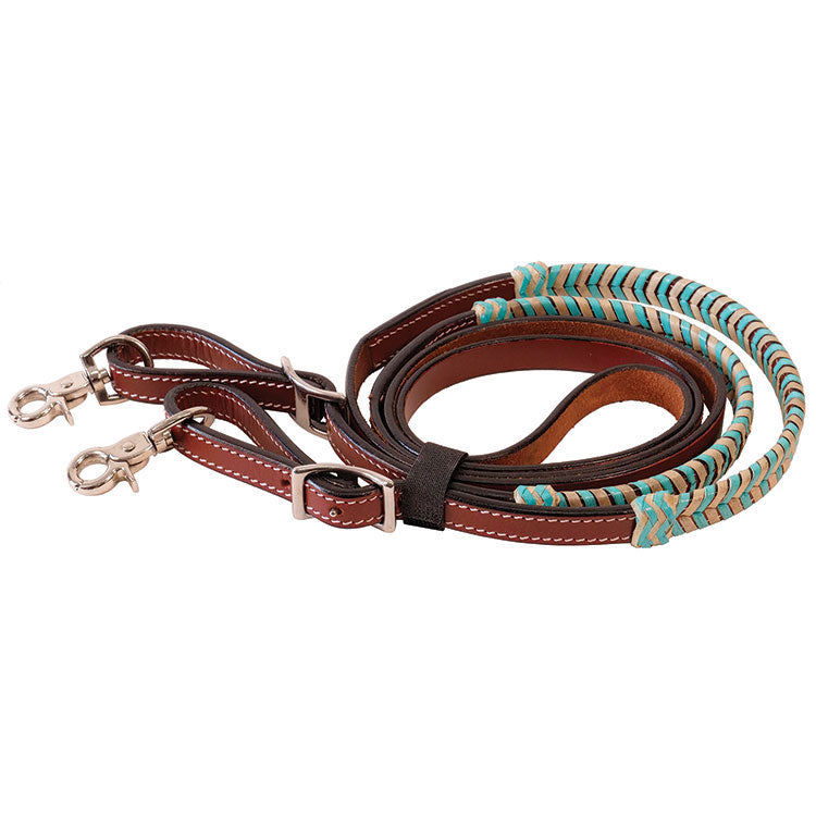 Reins Chestnut Leather w/Natural + Turquoise Laced Rawhide