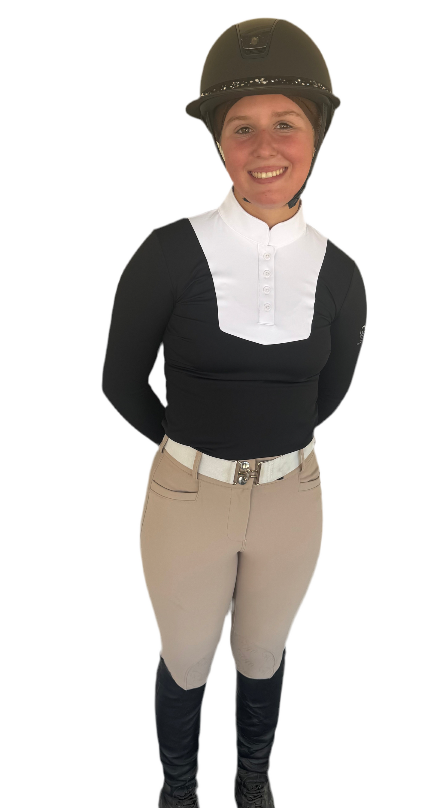 Navy and White equestrian long sleeve logo on sleeve