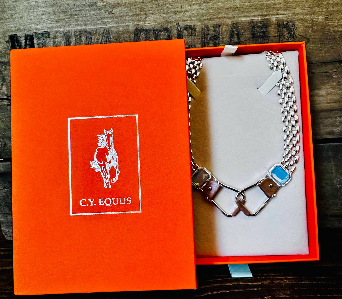 Bold Western Saddle Stirrup Necklace/Aqua stone w/toggle