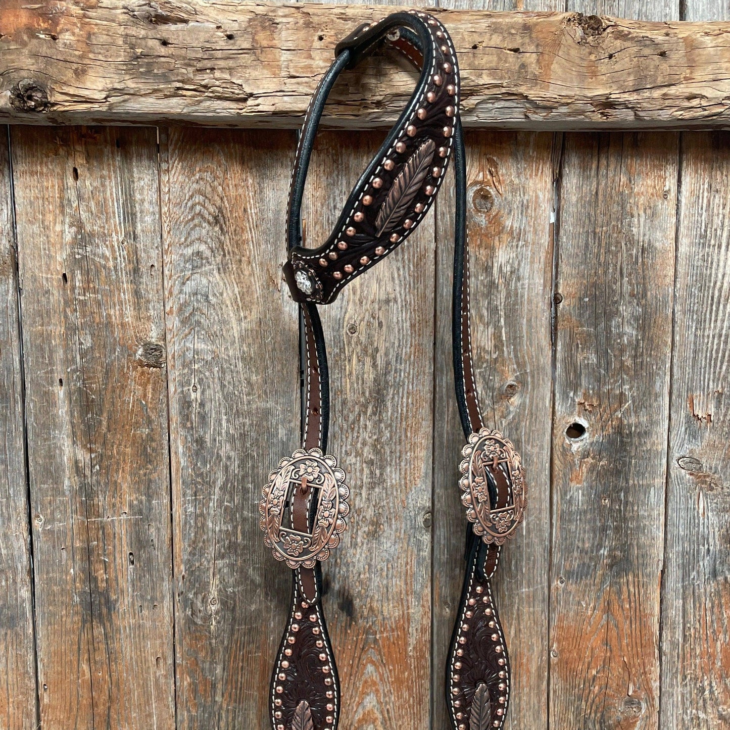 Dark Oil Floral Copper Dot Clear Browband / One Ear / Breastcollar Buckstitch Tack Set #BBBC486