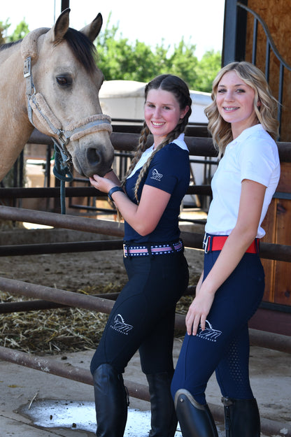 Navy and White equestrian long sleeve logo on sleeve