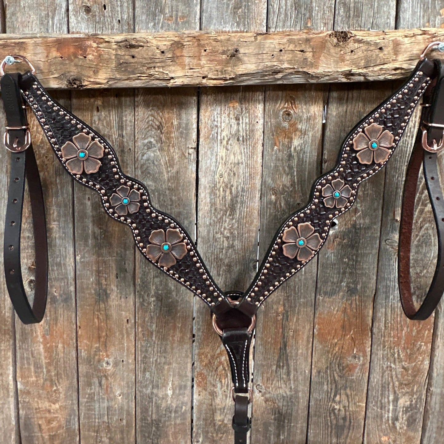 Copper Dot Honeycomb Flower and Turquoise Browband / One Ear Tack Set