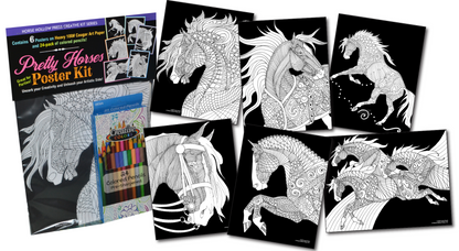 Pretty Horses Kit / 6 Drawings to Color / 24-Colored Pencils