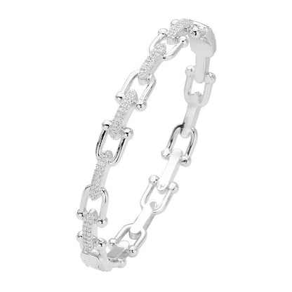 CZ Stone Paved Horseshoe Buckle Hinged Bangle Bracelet