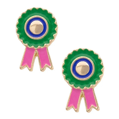 Prize Winning Ribbon Enamel Stud Earrings in Green & Pink