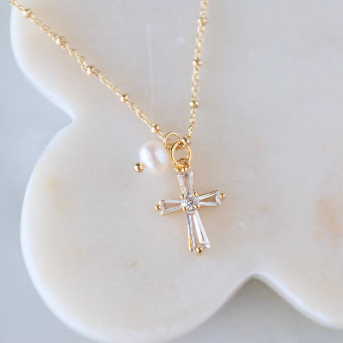 Pearl, CZ Cross Necklace 